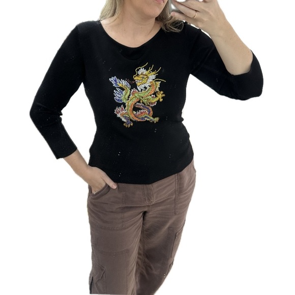 Lucia Burns Vintage Beautiful Beaded Shimmering Dragon Trendy Y2K Top Size Large - Picture 3 of 6